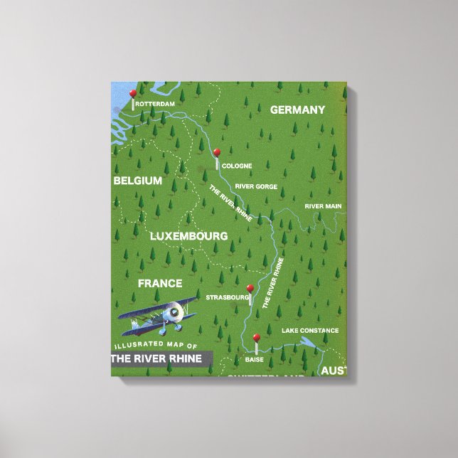 Retro rese karta över floden Rhen. Canvastryck (Framsida)