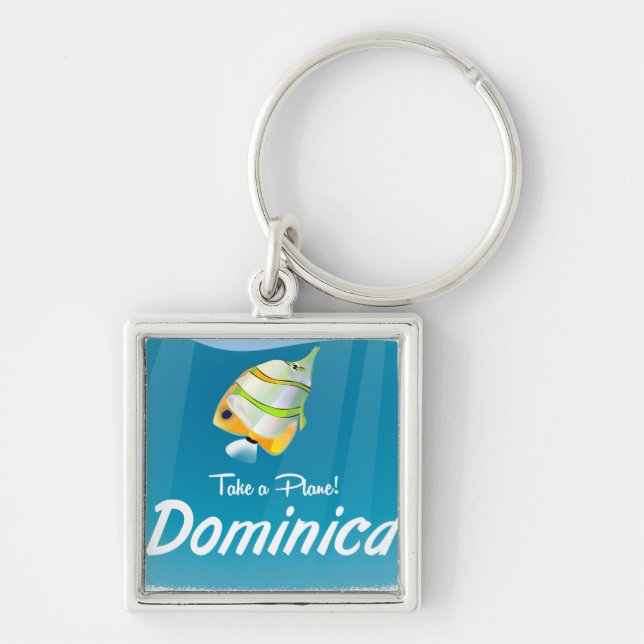Retro reseaffisch för Dominica. Fyrkantig Silverfärgad Nyckelring (Framsidan)