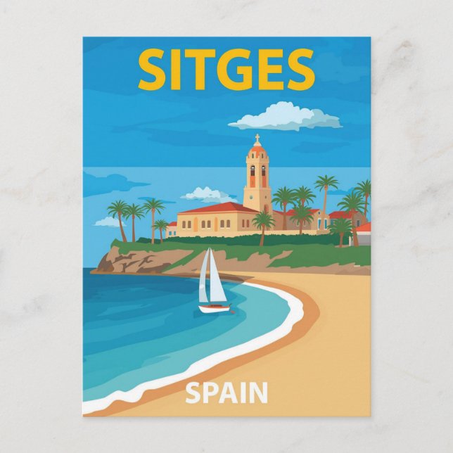 Retro-resemål från Sitges Spanien Strand Resa Affi Vykort (Framsida)