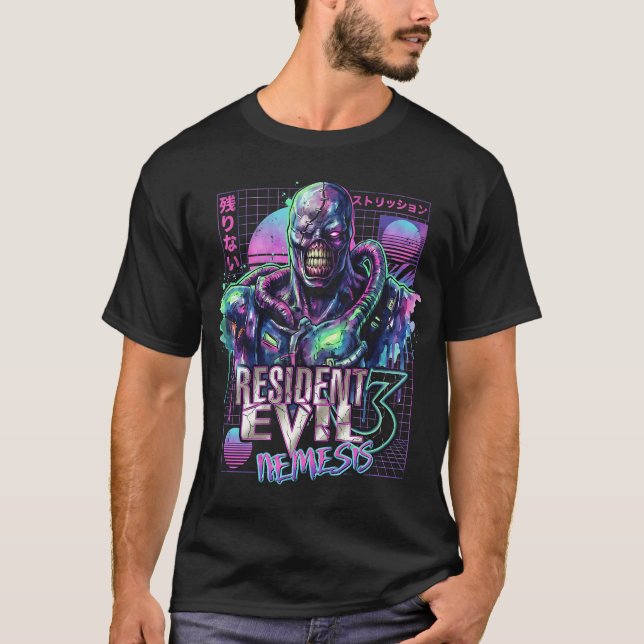 Retro Resident Evil Survival Horror Nemesis PS Sti T Shirt (Framsida)