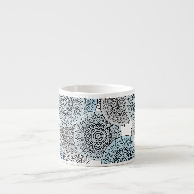 Retro, retro mönster, blå och grå,  elegant espressomugg (Framsidan)