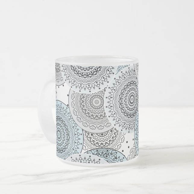 Retro, retro mönster, blå och grå,  elegant frostad glasmugg (Framsida vänster)