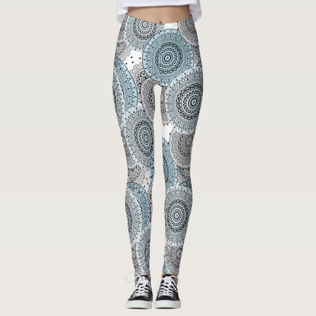 Retro, retromönster, blått och grått, elegant leggings (Framsida)