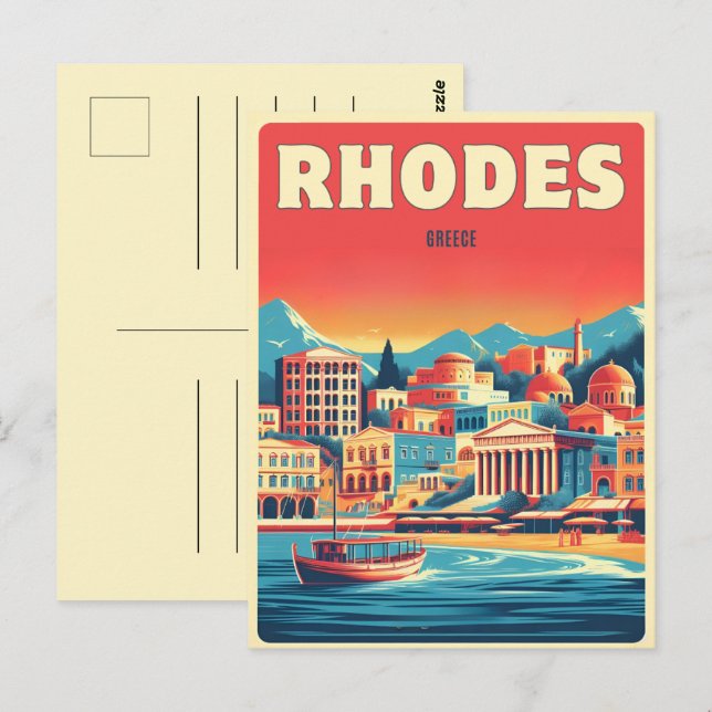 Retro Rhodes Stad - Grekland semesterpresenter Vykort (Fram/baksida)