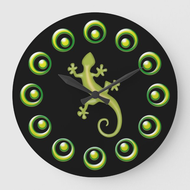 Retro Ringar och Lime Green Lizards Coola Design Stor Klocka (Framsida)
