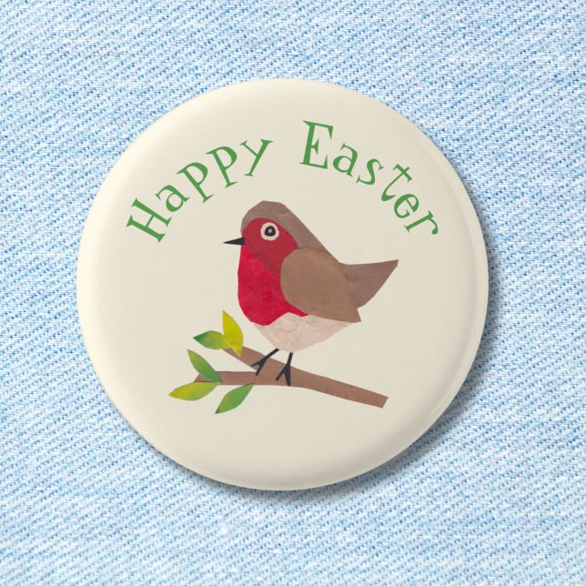 Retro Robin Glad påsk Cute Personlig Vår Knapp (Spread Easter cheer with this button featuring my own unique retro-inspired cute collage robin!)