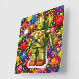 Retro robot colour burst square wall fyrkantig klocka