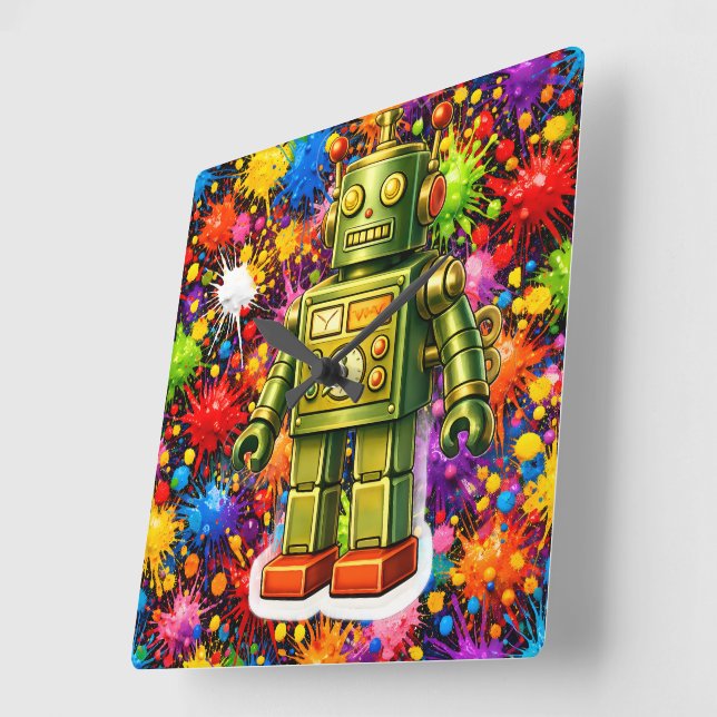 Retro robot colour burst square wall fyrkantig klocka (Vinkel)