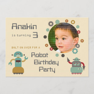 Retro Robot Party Birthday Photo Inbjudan