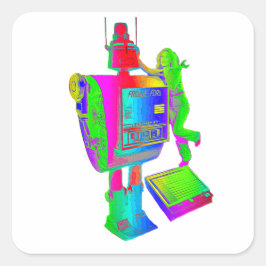 RETRO ROBOT STICKER. FYRKANTIGT KLISTERMÄRKE