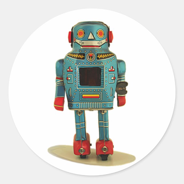 RETRO ROBOT STICKER. RUNT KLISTERMÄRKE (Framsida)