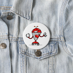 Retro Robot Tecknad Roligt Red and Silver AI Bot Knapp
