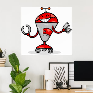 Retro Robot Tecknad Roligt Red and Silver AI Bot Poster