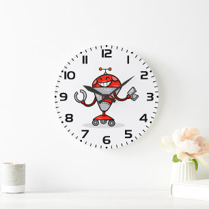 Retro Robot Tecknad Roligt Red and Silver AI Bot Stor Klocka