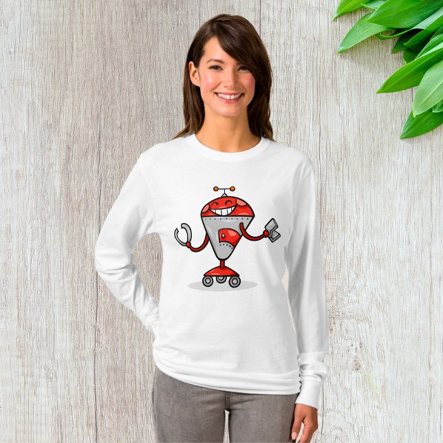 Retro Robot Tecknad Roligt Red and Silver AI Bot T Shirt (Skapare uppladdad)