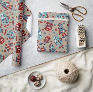 Retro Robots Blue och Red Patterned Presentpapper