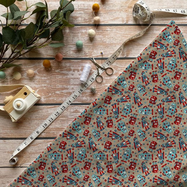 Retro Robots Blue och Red Patterned Tyg (Skapare uppladdad)