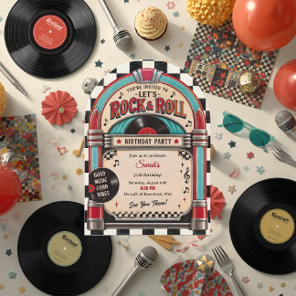 Retro Rock and Roll-Jukbox Vinyl Födelsedagsinbjud Inbjudningar