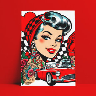 Retro Rockabilly Girl Tecknad Vykort
