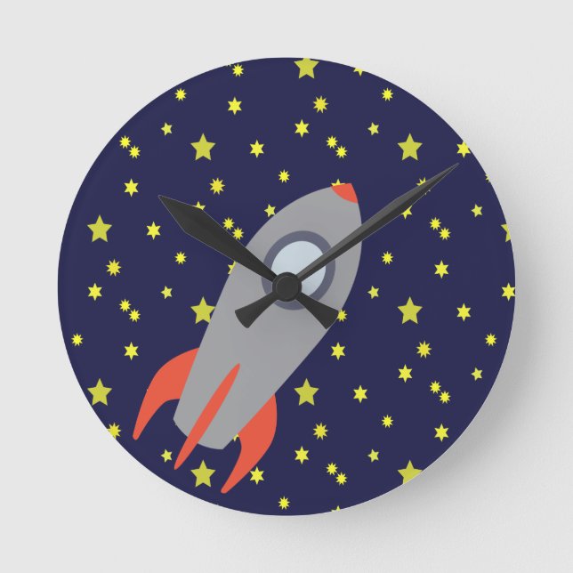 Retro Rocket Frakt med Star Mönster-bakgrund Rund Klocka (Framsida)