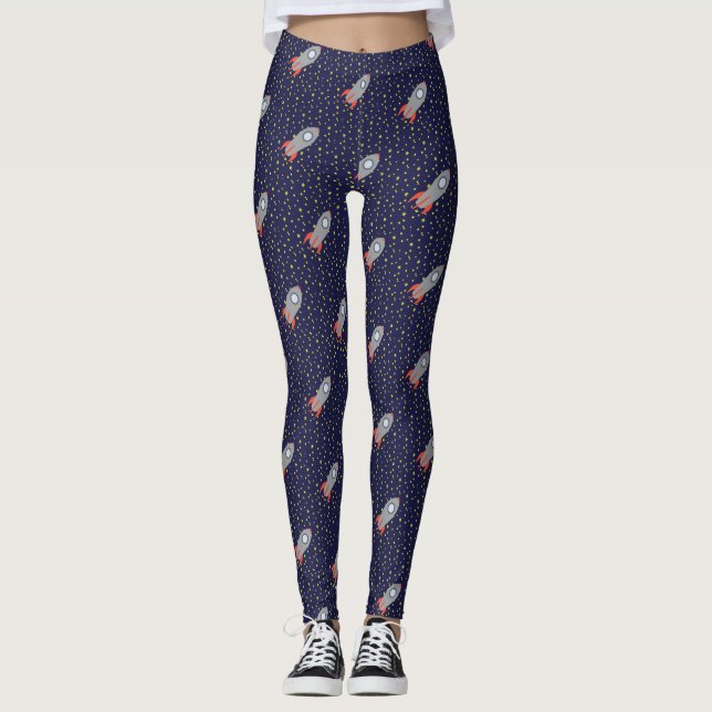 Retro Rocket Frakt med Stars Mönster-bakgrund Leggings (Framsida)