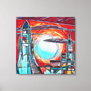 Retro Rockets Colorful Space Exploration Skriv ut Canvastryck