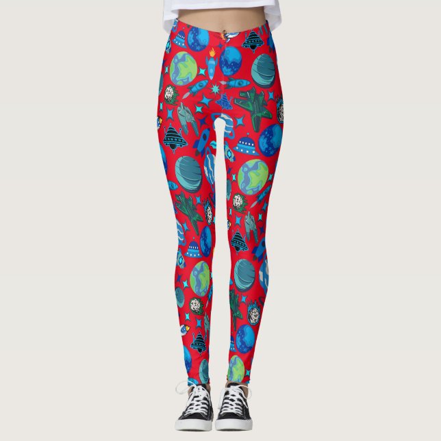 Retro Rockets i rymden. Red BG Leggings (Framsida)