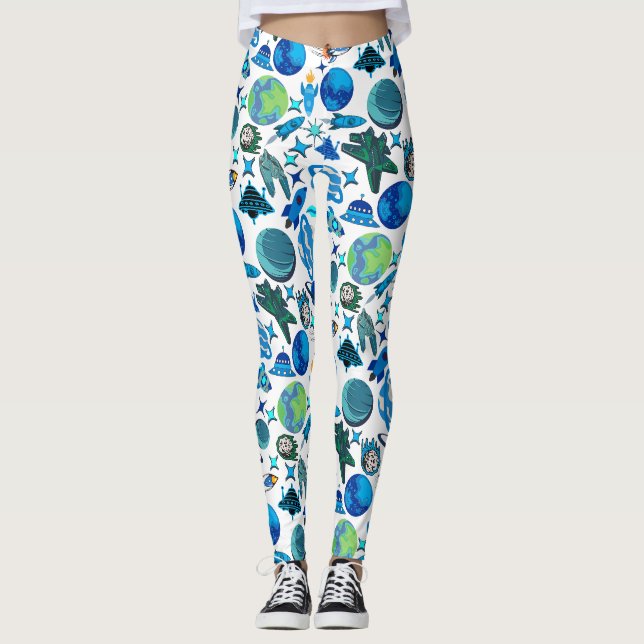 Retro Rockets i rymden. White BG Leggings (Framsida)