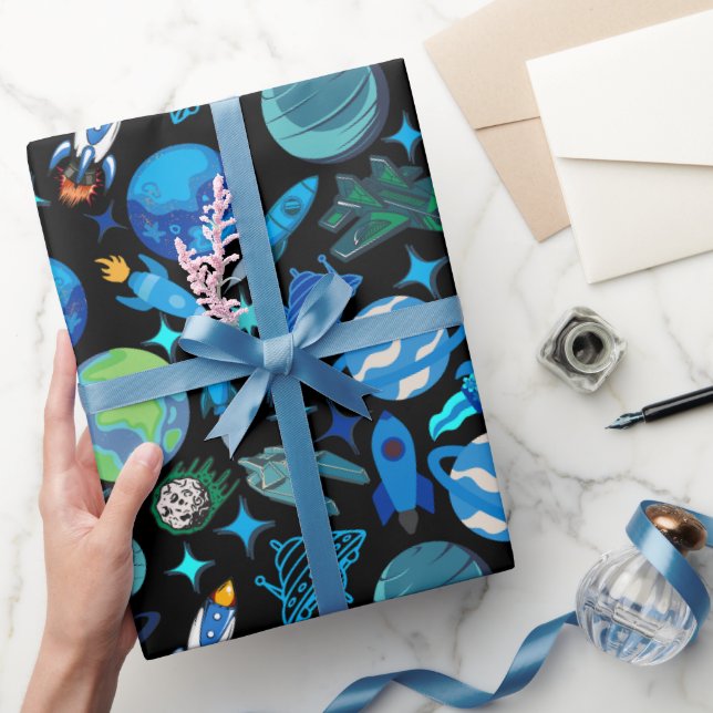 Retro Rockets i Space.Black BG Presentpapper (Gifting)