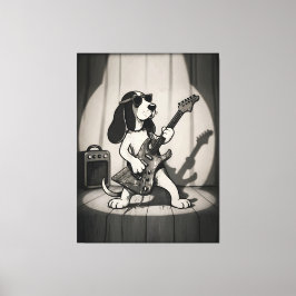 Retro Rockstjärna Basset Hound Gitarrist Monokrom Canvastryck