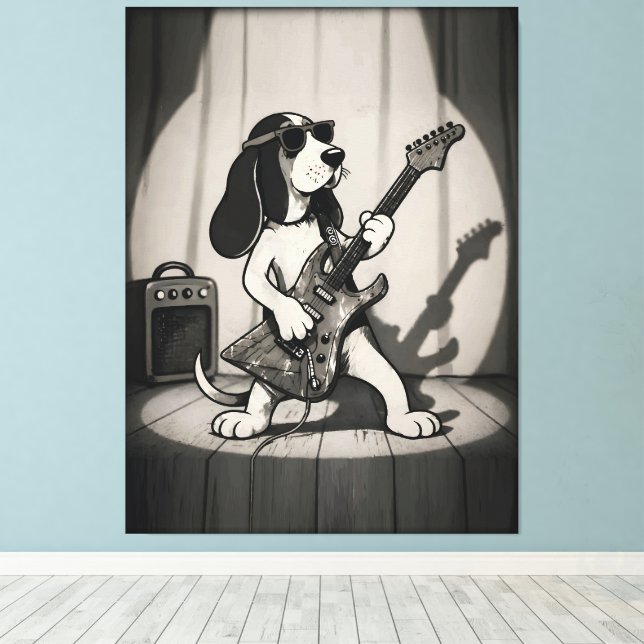 Retro Rockstjärna Basset Hound Gitarrist Monokrom Canvastryck (Insitu (trägolv))