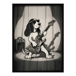 Retro Rockstjärna Basset Hound Gitarrist Monokrom Fototryck