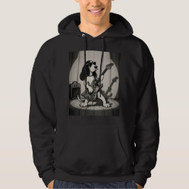 Retro Rockstjärna Basset Hound Gitarrist Monokrom Hoodie
