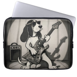 Retro Rockstjärna Basset Hound Gitarrist Monokrom Laptop Fodral