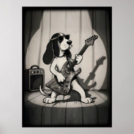Retro Rockstjärna Basset Hound Gitarrist Monokrom Poster