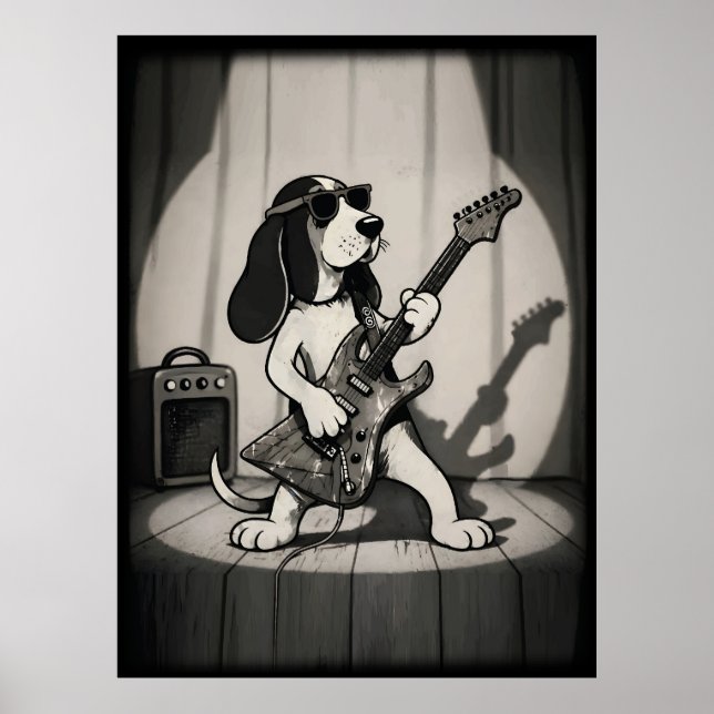 Retro Rockstjärna Basset Hound Gitarrist Monokrom Poster (Framsidan)