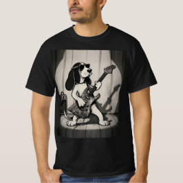 Retro Rockstjärna Basset Hound Gitarrist Monokrom T Shirt