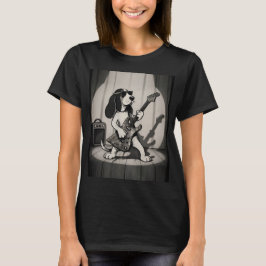Retro Rockstjärna Basset Hound Gitarrist Monokrom T Shirt