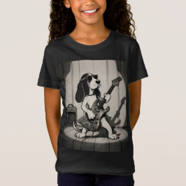 Retro Rockstjärna Basset Hound Gitarrist Monokrom T Shirt