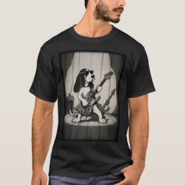 Retro Rockstjärna Basset Hound Gitarrist Monokrom T Shirt