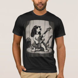 Retro Rockstjärna Basset Hound Gitarrist Monokrom T Shirt