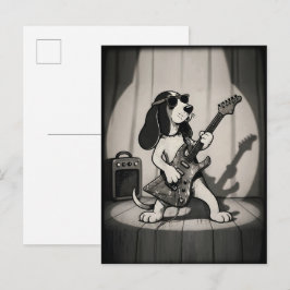 Retro Rockstjärna Basset Hound Gitarrist Monokrom Vykort