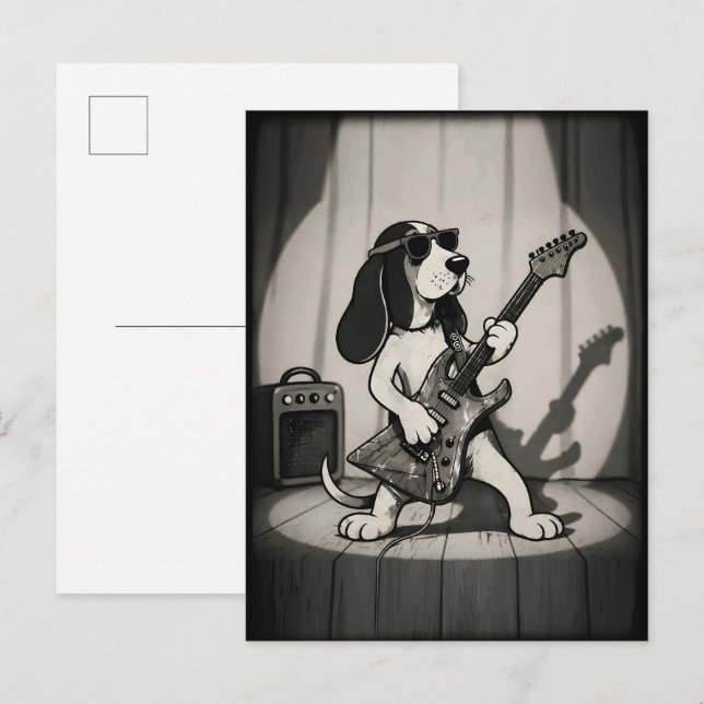 Retro Rockstjärna Basset Hound Gitarrist Monokrom Vykort (Fram/baksida)