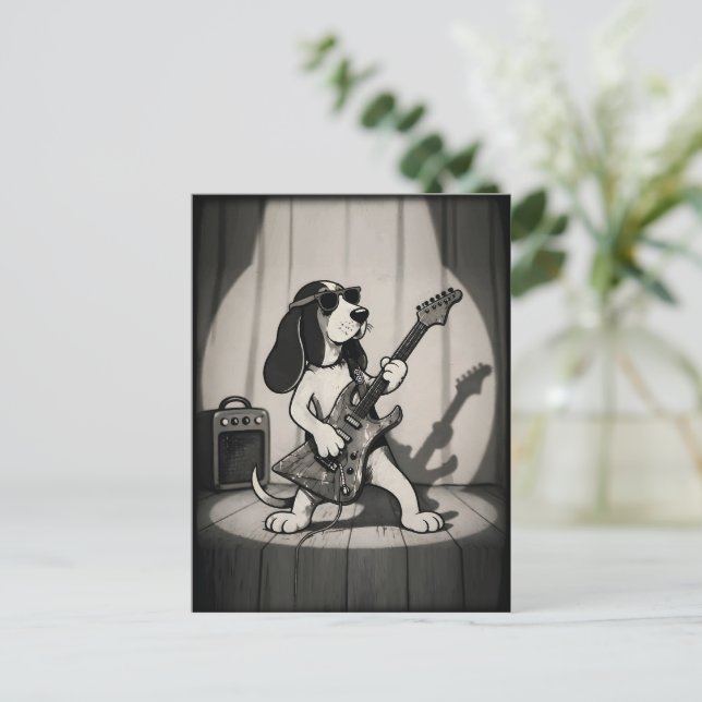 Retro Rockstjärna Basset Hound Gitarrist Monokrom Vykort (Stående Fram)