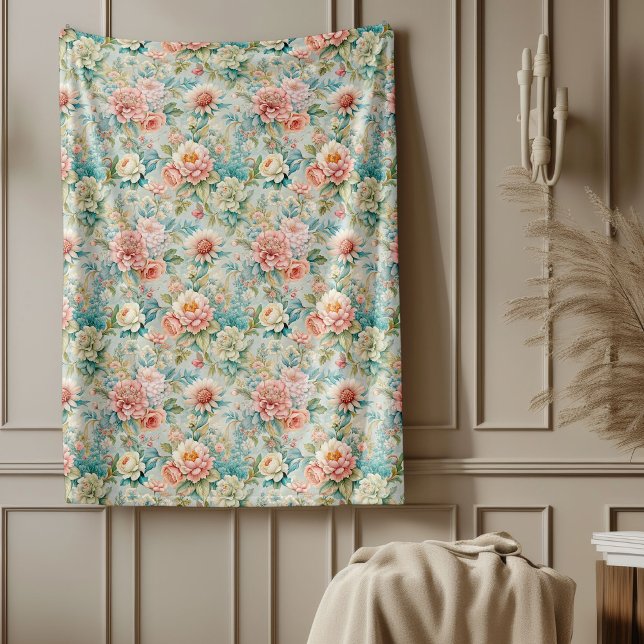 Retro Rococo Blanket med grå blommor Fleecefilt (Rerto Rococo Blanket Featuring Graceful Flowers)