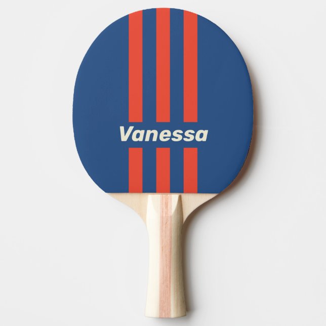 Retro Röd & Blå Tre Pin Ränder med Namn Pingisracket (Framsidan)