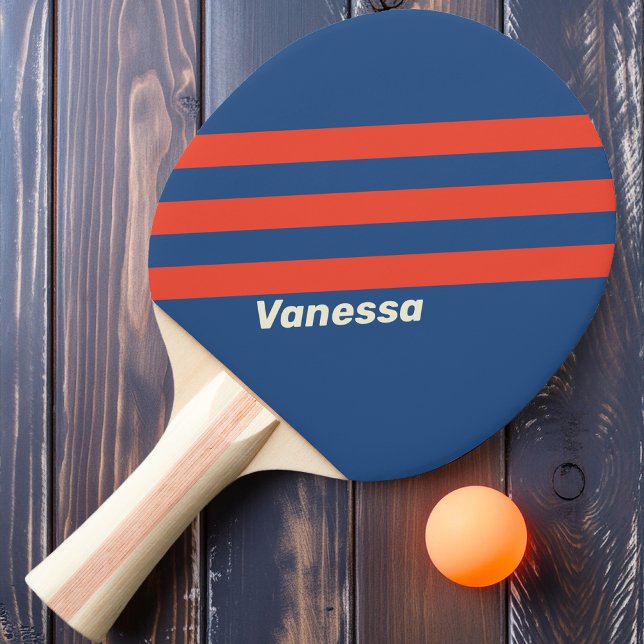 Retro Röd & Blå Tre Ränder med Namn Pingisracket (Skapare uppladdad)