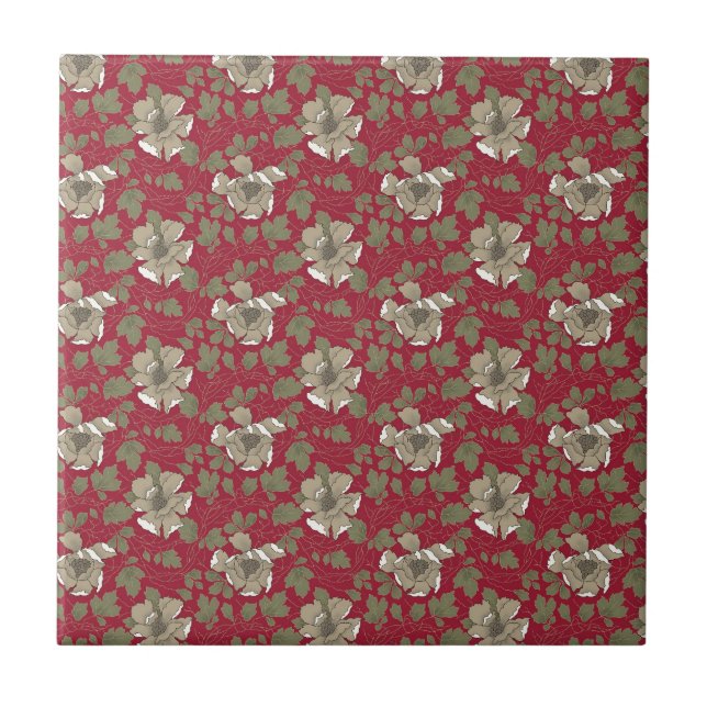 Retro röd blommigt kakelplatta (Framsidan)