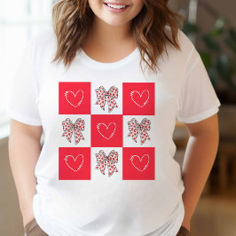 Retro Röd Coquette Bow Hjärtat Rutig T Shirt