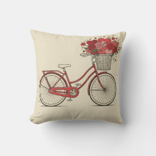 Retro röd cykel med rosor och hjärtan blomsterkons kudde